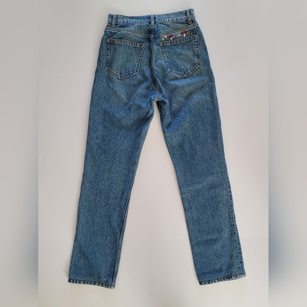 Reformation Cynthia Mushroom Embroidered High Rise Straight Medium Wash Jeans 24 - Picture 5 of 11